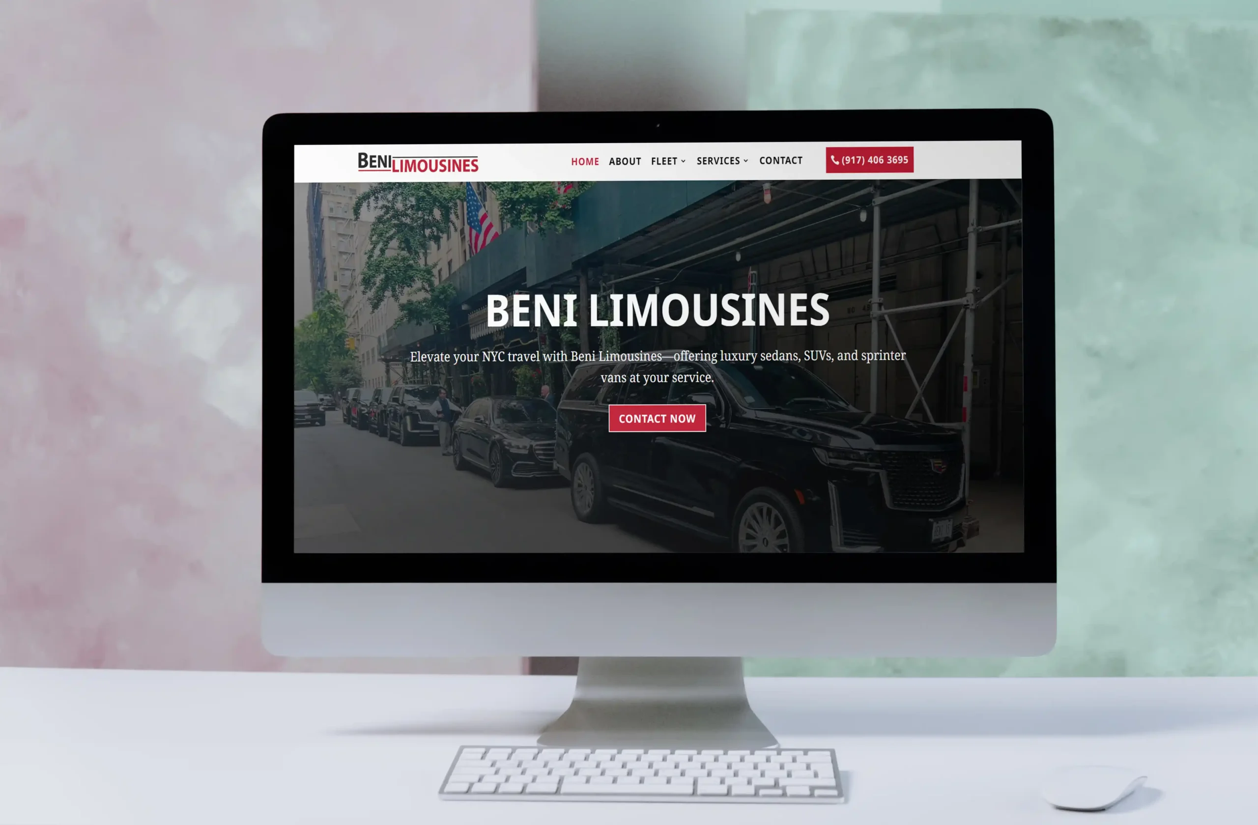 Showcasing the Beni Limousines website design by NabaVision using a desktop mockup.